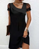 Noir | Women's Fitted Black Dress with Lace Sleeves & Draped Neckline