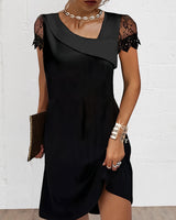 Noir | Women's Fitted Black Dress with Lace Sleeves & Draped Neckline