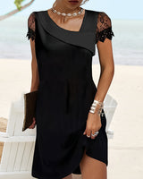 Noir | Women's Fitted Black Dress with Lace Sleeves & Draped Neckline