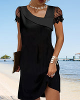 Noir | Women's Fitted Black Dress with Lace Sleeves & Draped Neckline