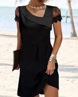 Noir | Women's Fitted Black Dress with Lace Sleeves & Draped Neckline