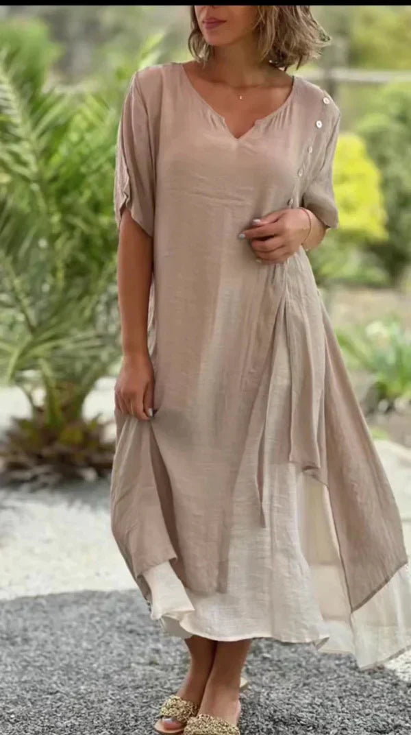 Fauna | Women's Layered V-Neck Short Sleeve Asymmetric Midi Dress