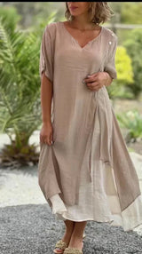Fauna | Women's Layered V-Neck Short Sleeve Asymmetric Midi Dress