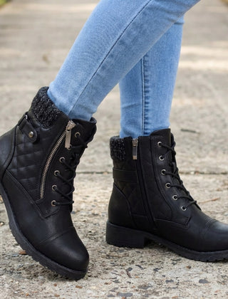 Women’s Quilted Leather Lace-Up Ankle Boots in Black