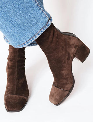 Women’s Faux-Suede Square-Toe Block-Heel Ankle Boots in Brown