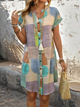 Lucille | Women's Geometric Print Midi Dress Short Sleeve Button-Front Casual Dress