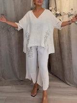 Cleo | Women's Two-Piece Set Wide Leg Pants V-Neck Top
