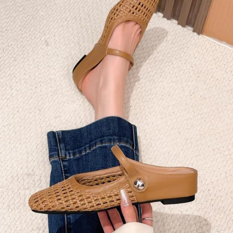 Mira | Women's Woven Mule Flats Mary Jane Strap Slip-On Shoes