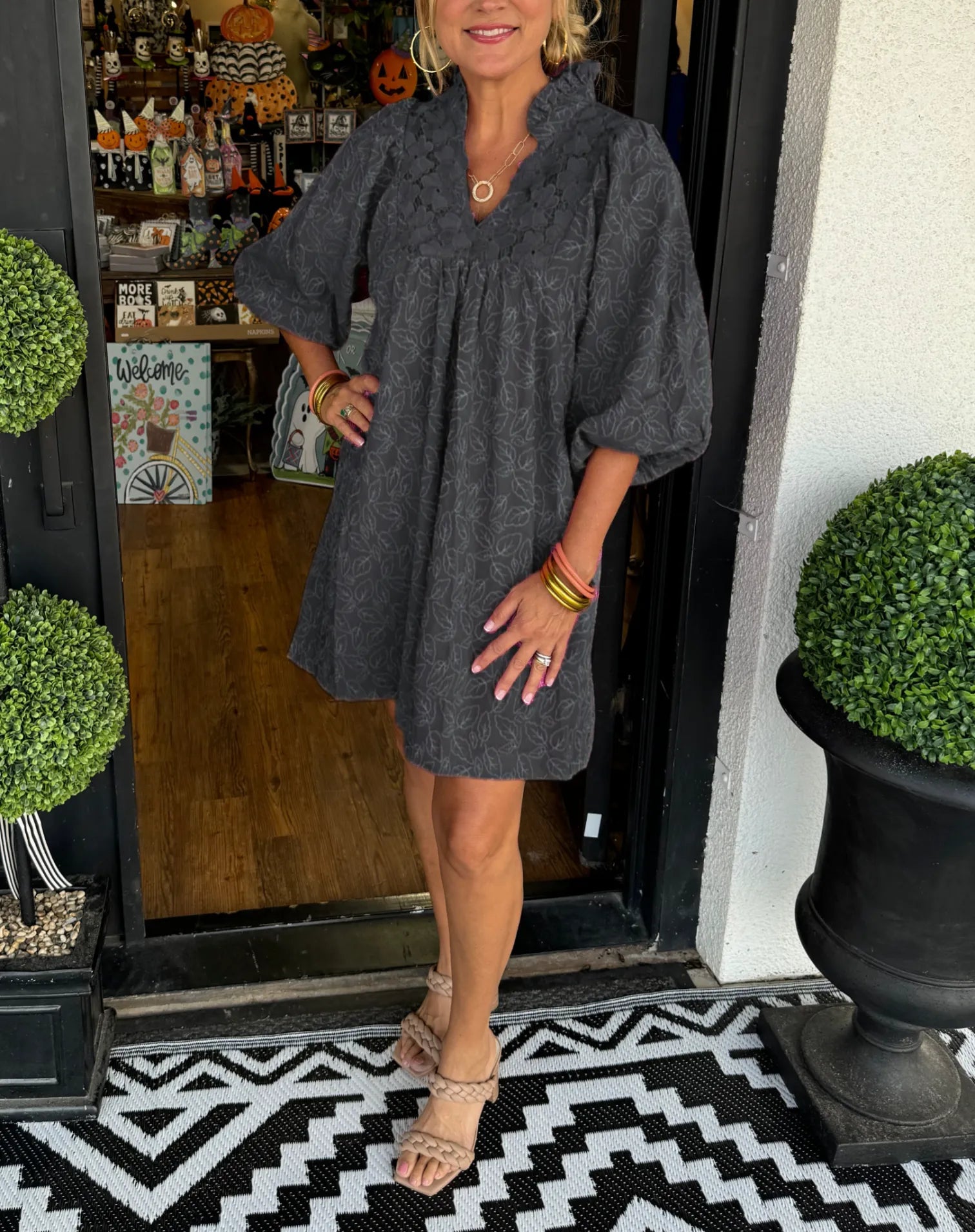 Tesia | Women's Jacquard Mini Dress V-Neck Puff Sleeve Occasion Dress