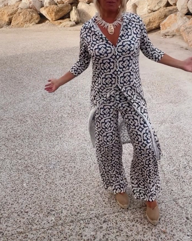 Livia | Women's Printed Two-Piece Set V-Neck Blouse & Wide-Leg Trousers