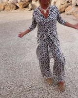 Jade | Women's 2 Piece Printed Wide Leg Trouser Set 3/4 Sleeve