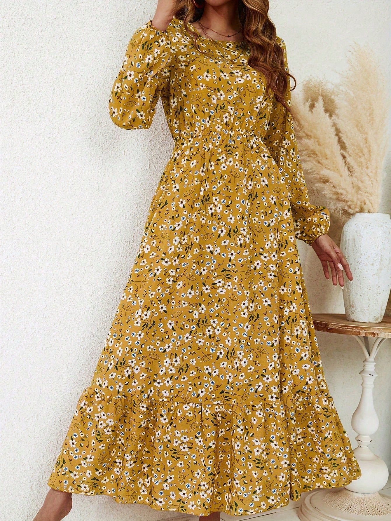 Blossom | Women's Floral Maxi Dress Long Sleeve Round Neck