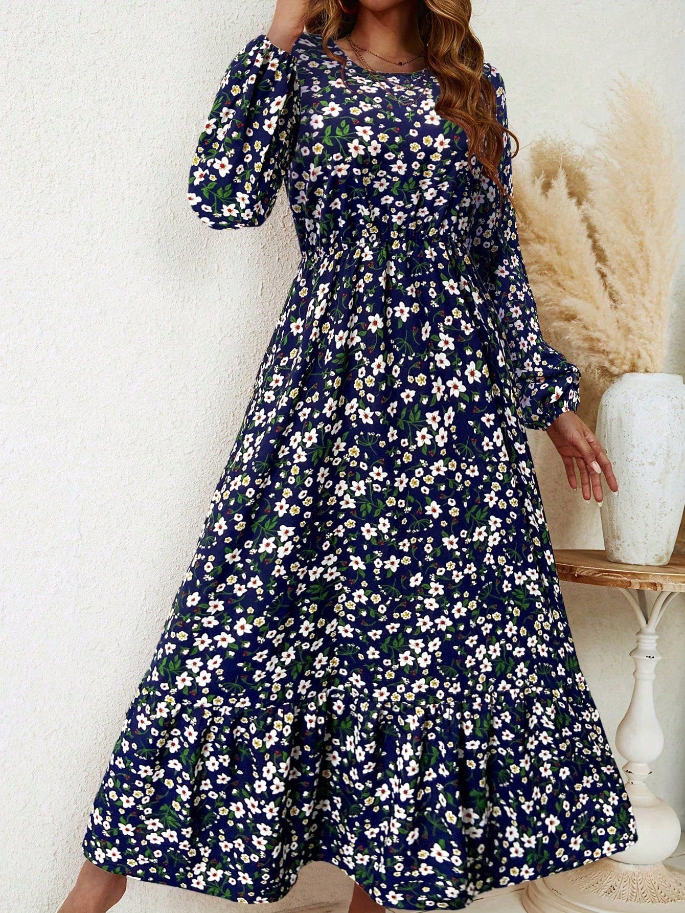 Blossom | Women's Floral Maxi Dress Long Sleeve Round Neck