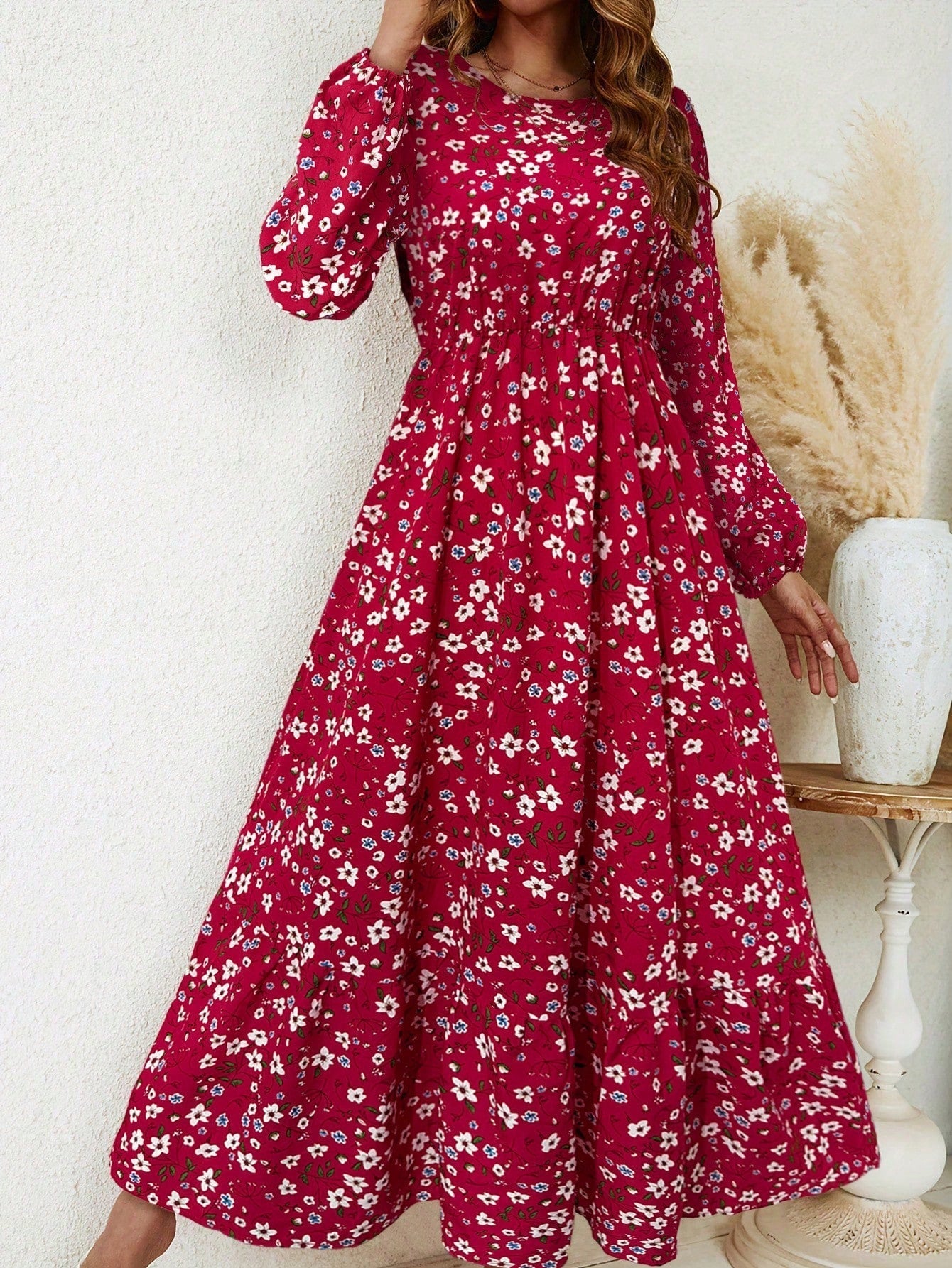 Blossom | Women's Floral Maxi Dress Long Sleeve Round Neck