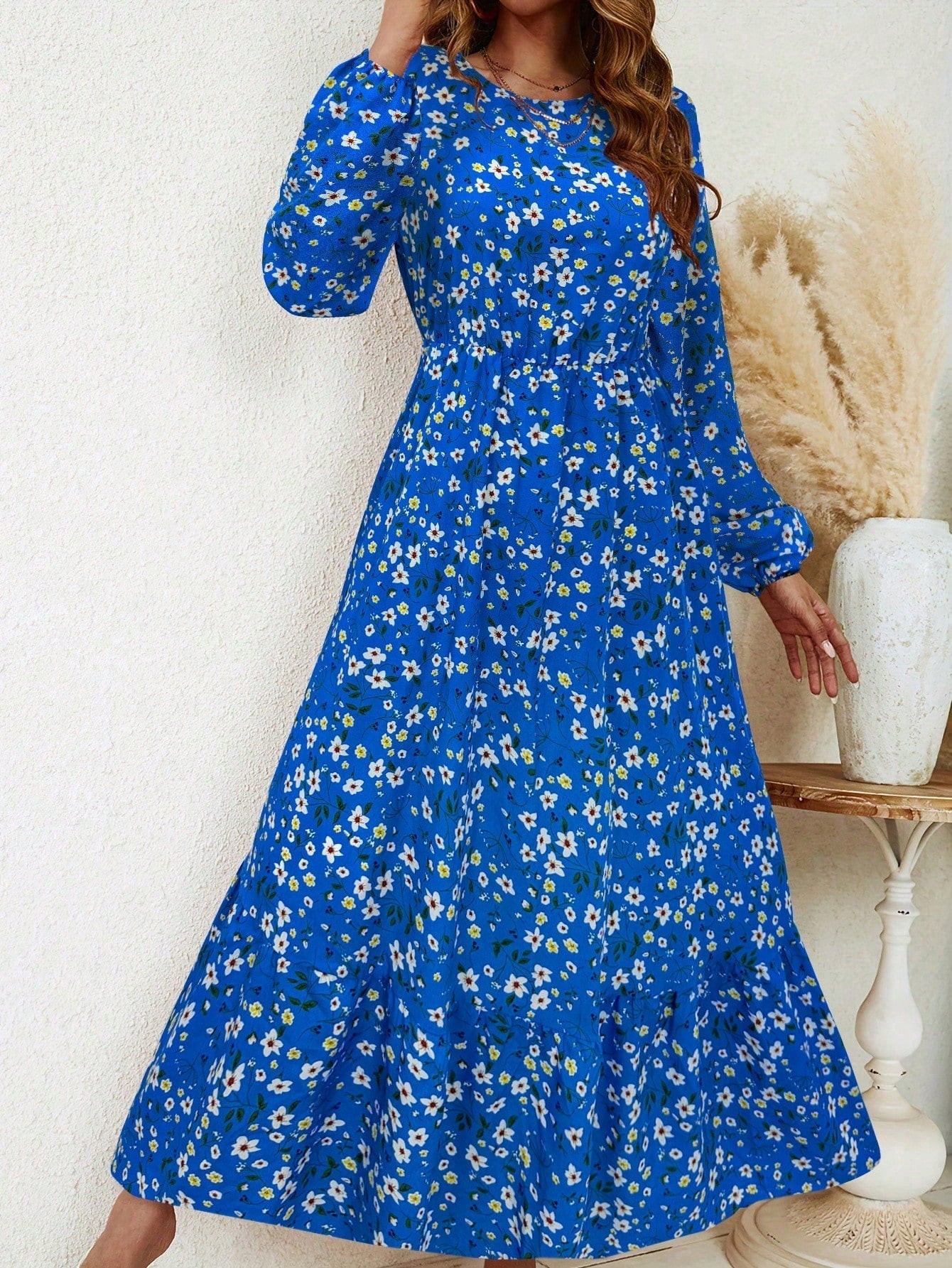Blossom | Women's Floral Maxi Dress Long Sleeve Round Neck