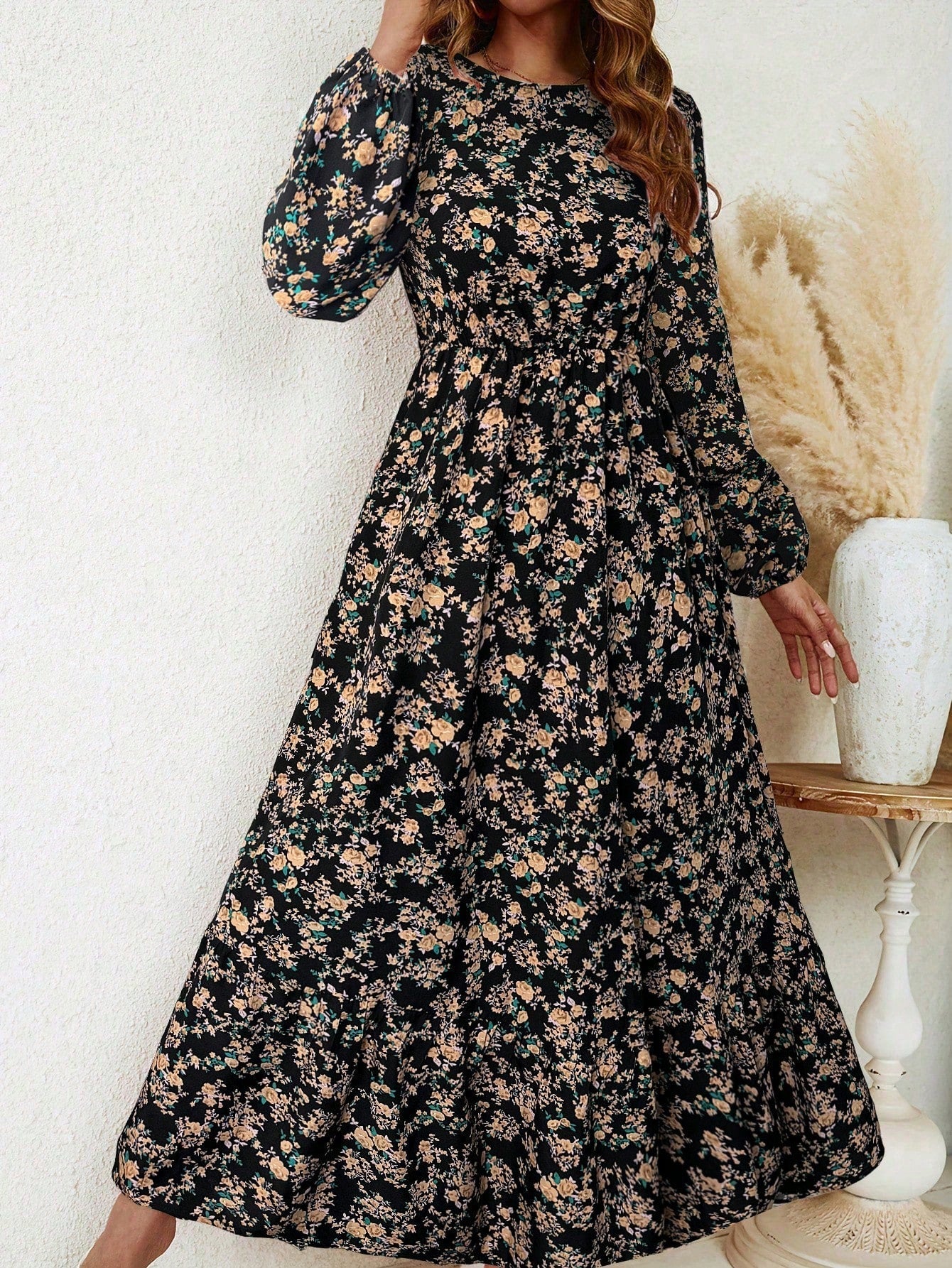Blossom | Women's Floral Maxi Dress Long Sleeve Round Neck