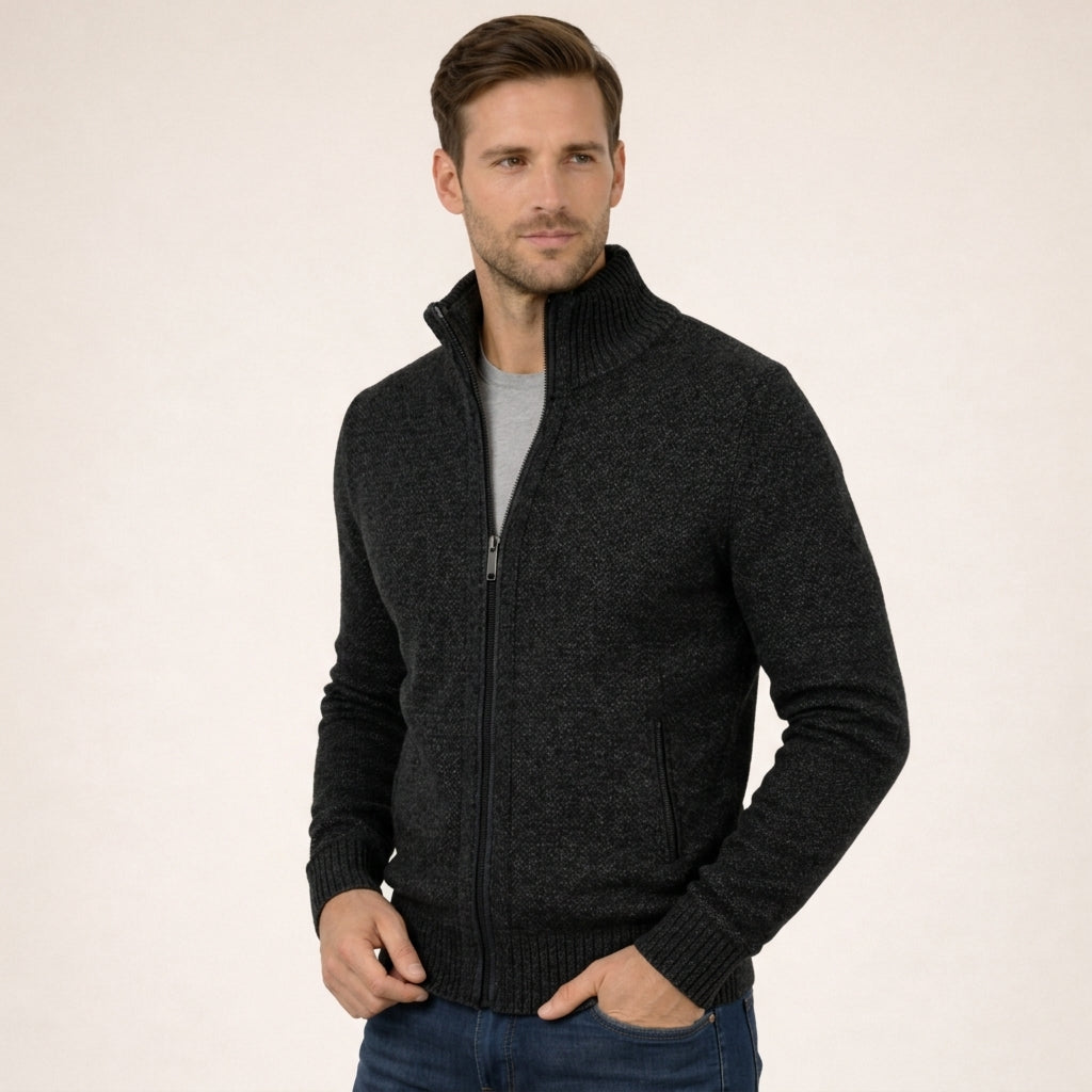 Men’s Merino Full-Zip Knit Sweater in Black
