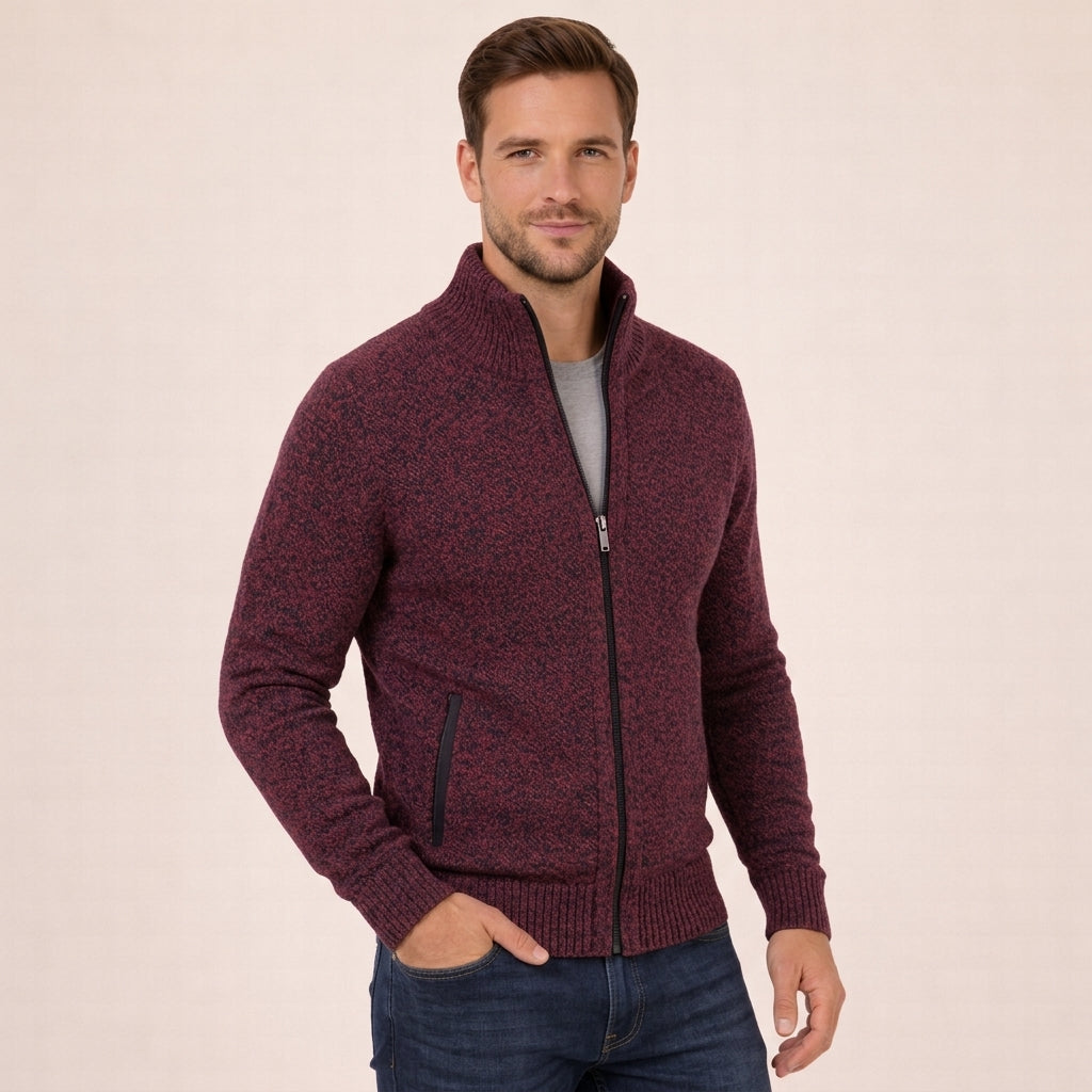Men’s Merino Full-Zip Knit Sweater in Burgundy