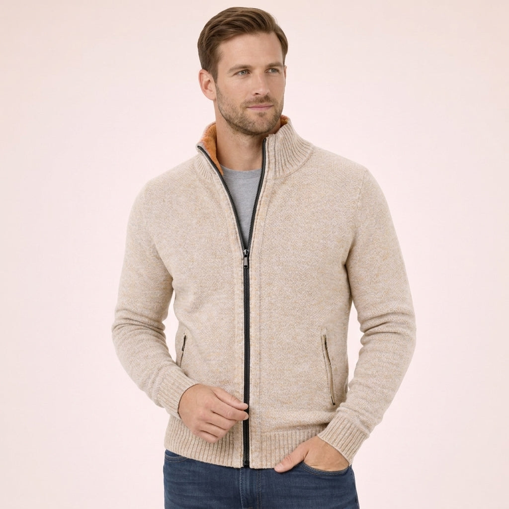 Men’s Merino Full-Zip Knit Sweater in Cream