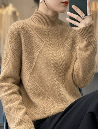 Women’s Cable-Textured High-Neck Sweater in Brown