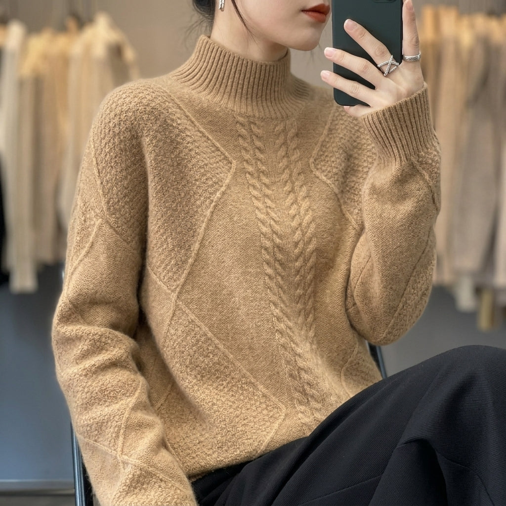 Women’s Cable-Textured High-Neck Sweater in Brown