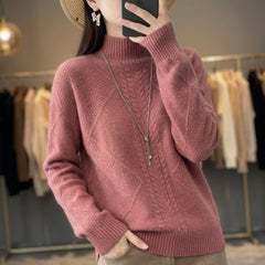 Women’s Cable-Textured High-Neck Sweater in Pink