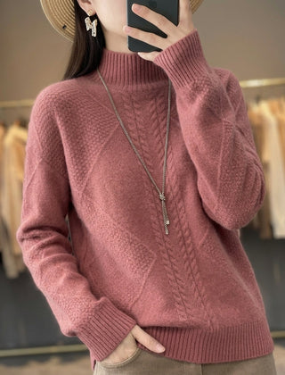 Women’s Cable-Textured High-Neck Sweater in Pink
