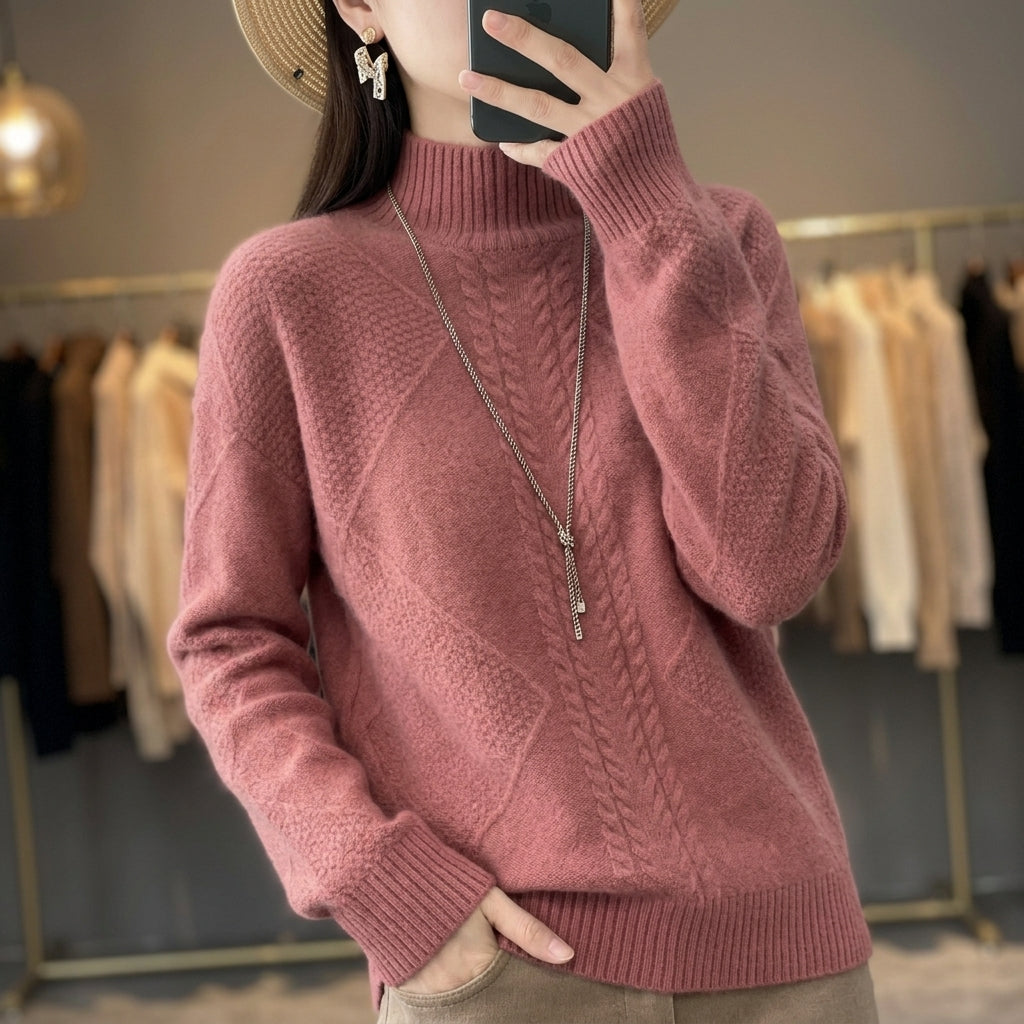 Women’s Cable-Textured High-Neck Sweater in Pink