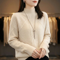 Women’s Cable-Textured High-Neck Sweater in Cream