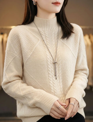 Women’s Cable-Textured High-Neck Sweater in Cream
