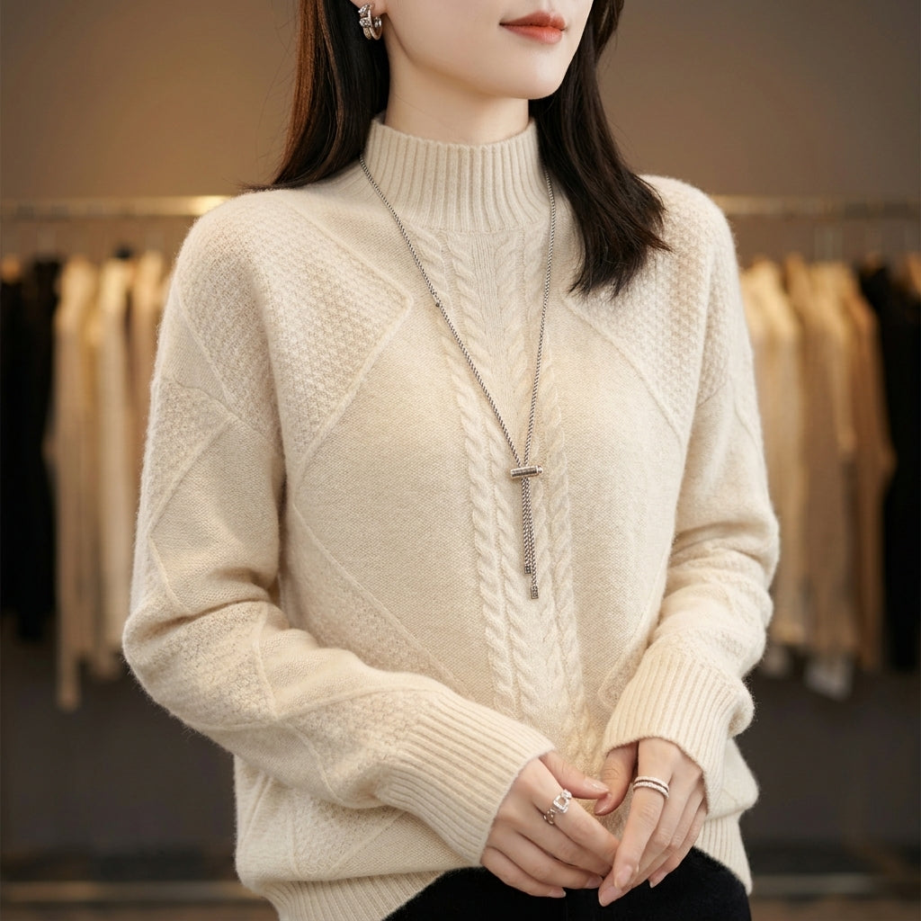 Women’s Cable-Textured High-Neck Sweater in Cream