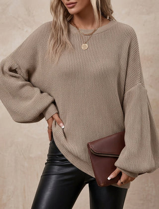 Women’s Balloon-Sleeve Ribbed Knit Sweater in Taupe
