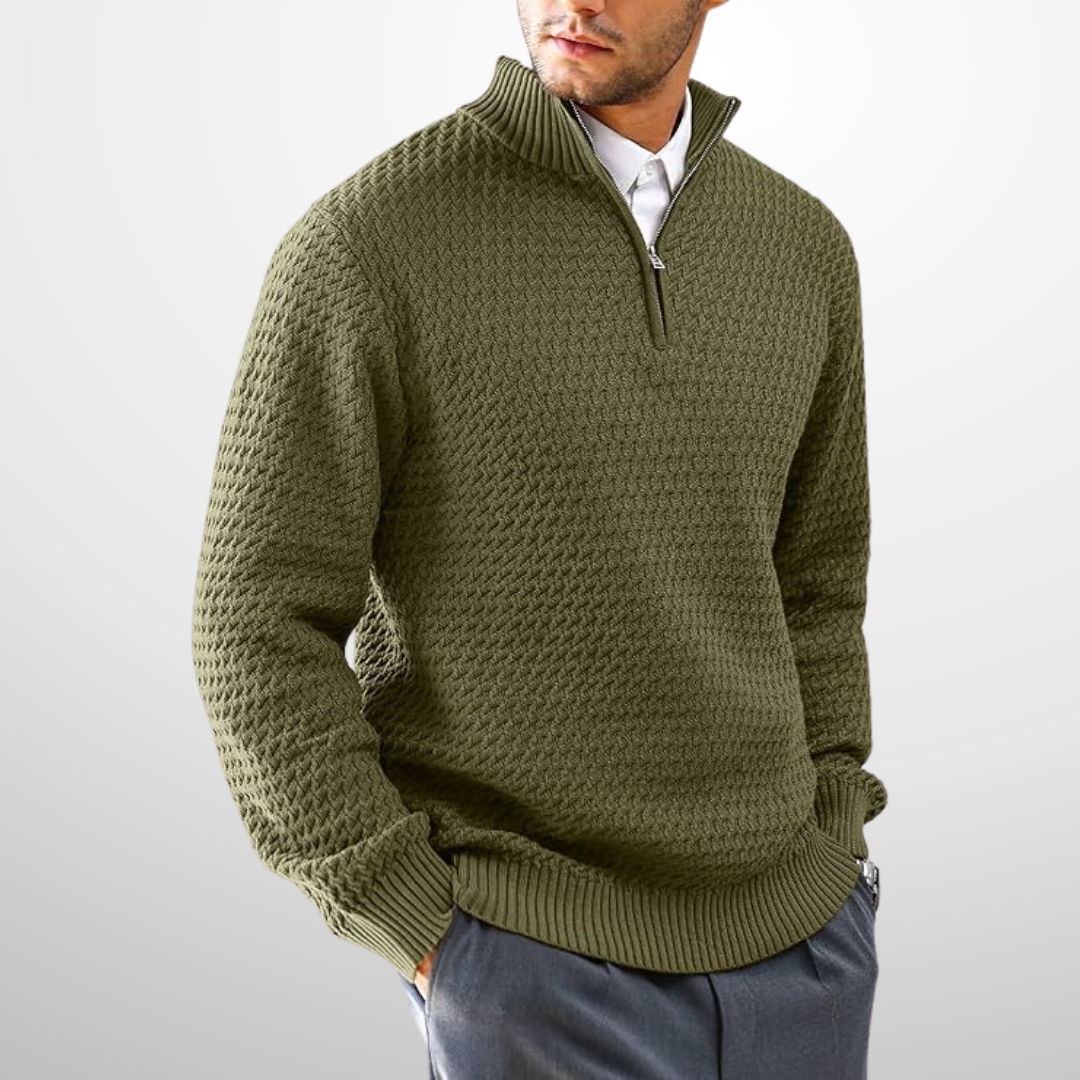 Men’s Basket-Textured Quarter-Zip Sweater in Green
