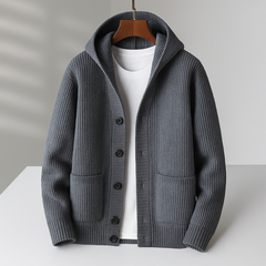 Women’s Hooded Rib-Knit Button Cardigan in Gray