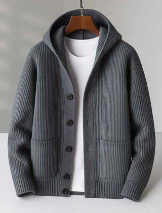 Women’s Hooded Rib-Knit Button Cardigan in Gray