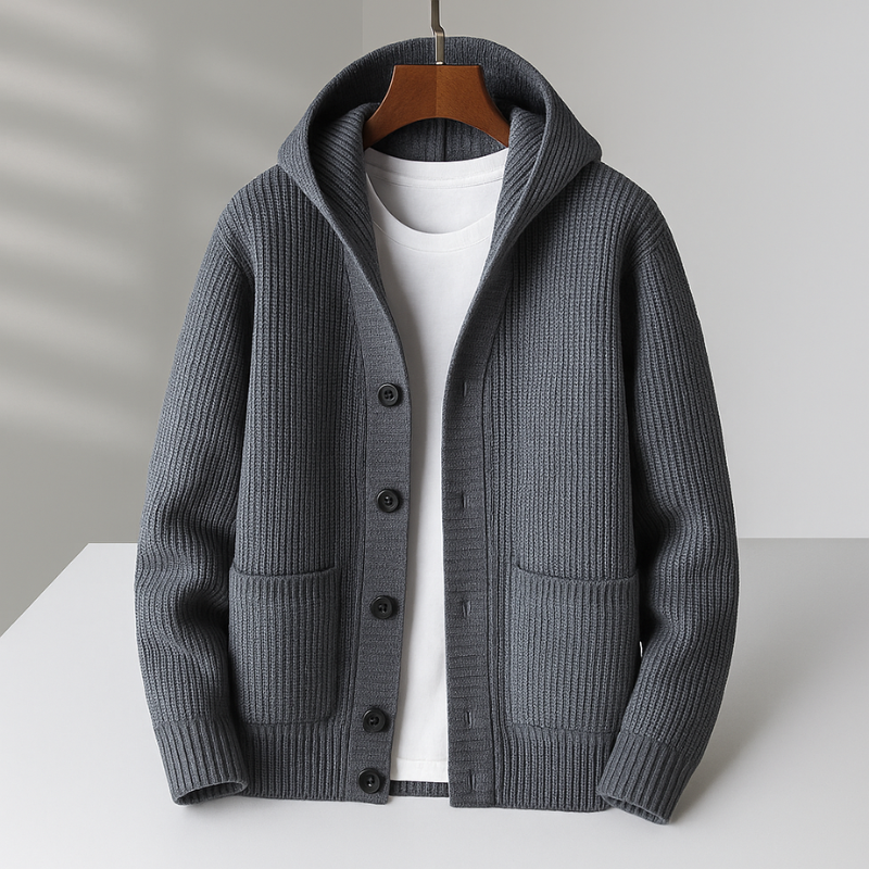 Women’s Hooded Rib-Knit Button Cardigan in Gray