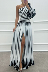 Chloe | Elegant Striped One Shoulder Maxi Dress