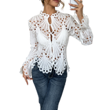Flora | Women's Crochet Hollow Lace Long Sleeve Blouse Scallop Hem