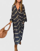 Celeste | Women's Boho Maxi Dress Long Sleeve Deep V-Neck Stripe Print