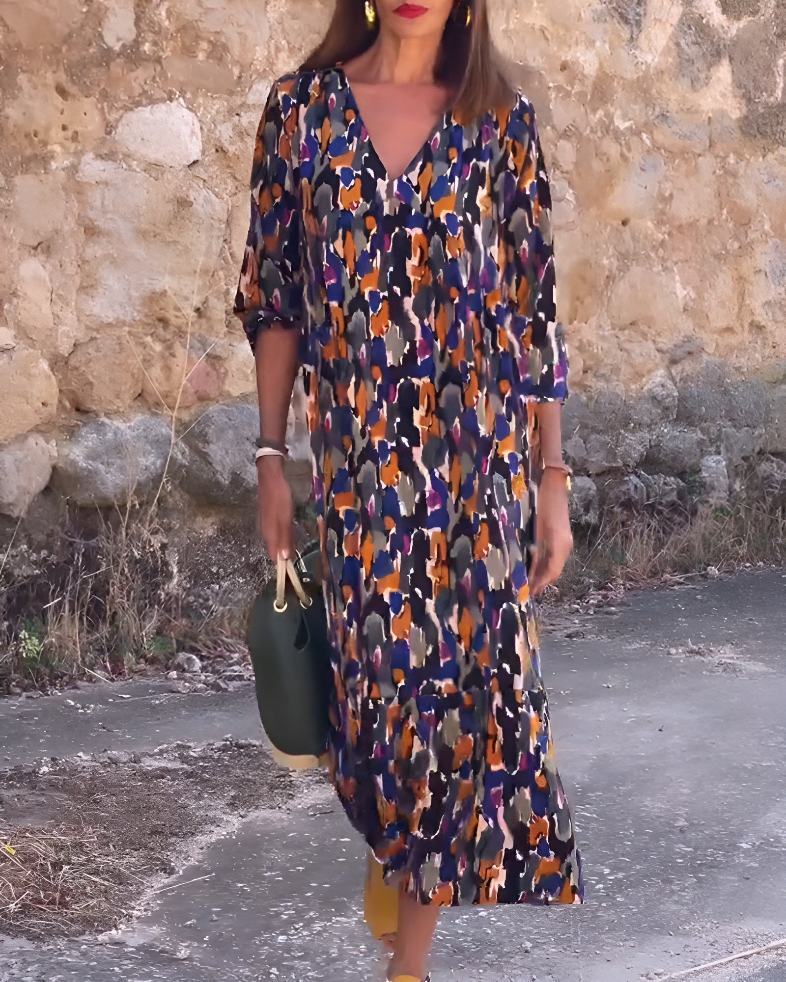 Nathalie™ | Retro Print V-Neck Dress