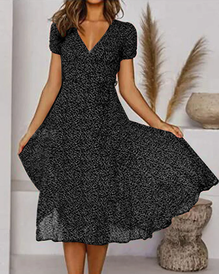 Aurora | Women's V-Neck Puff Sleeve Fit and Flare Midi Dress