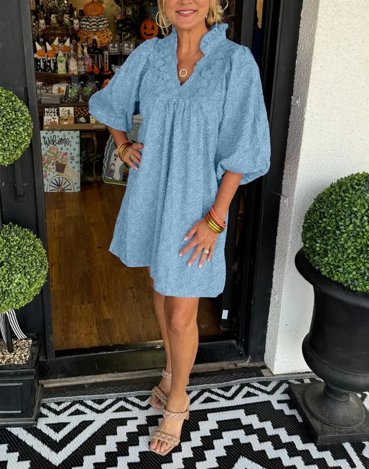 Tesia | Women's Jacquard Mini Dress V-Neck Puff Sleeve Occasion Dress