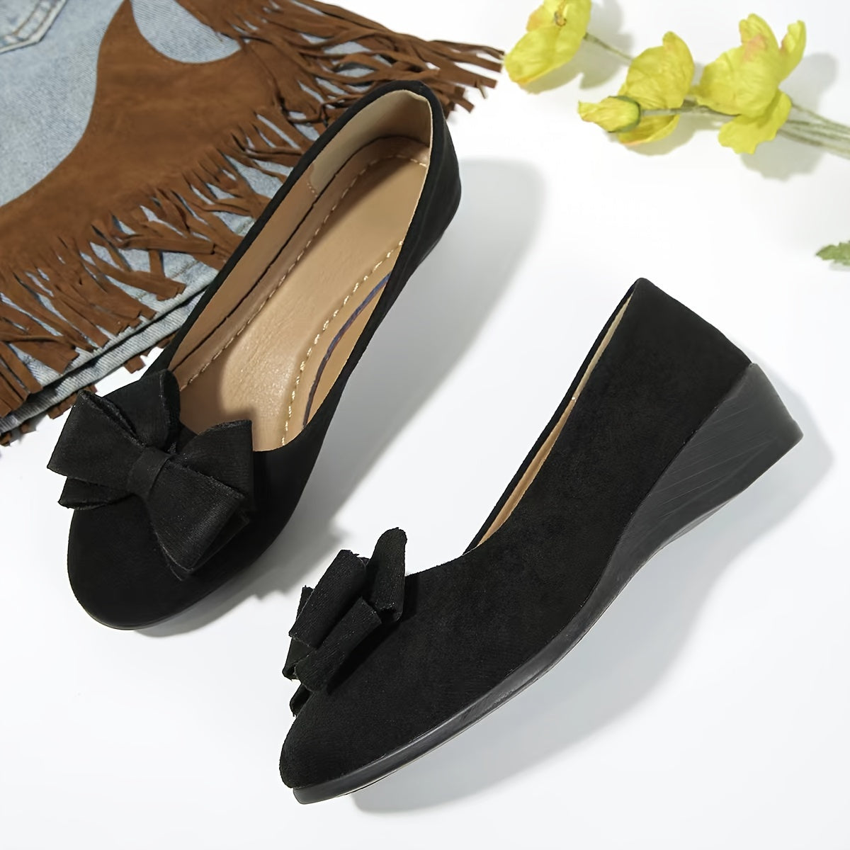 Maisie | Women's Wedge Ballet Flats Bow Detail Suede Slip On Shoes
