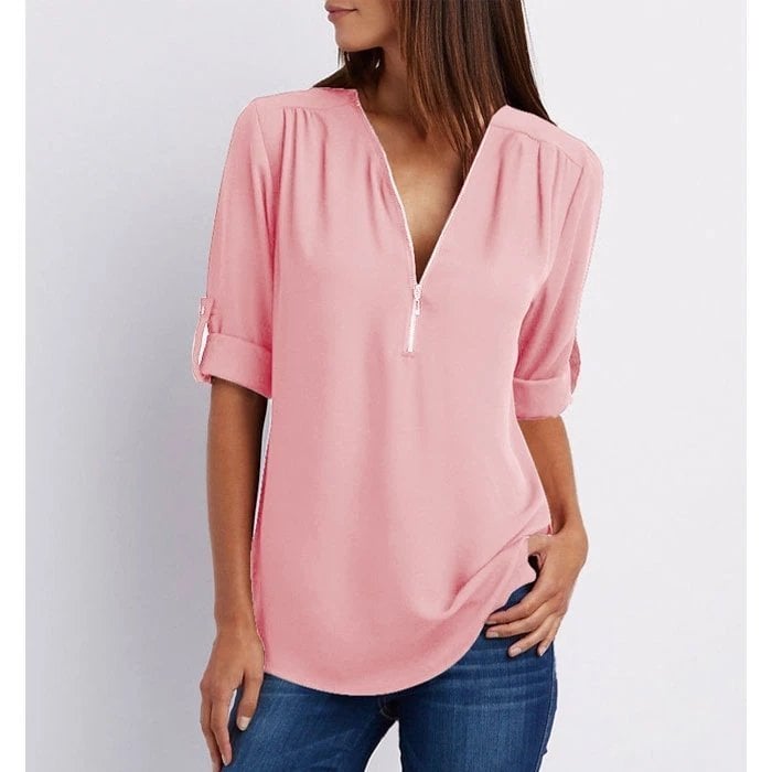 Sophie | Women's Zip V-Neck 3/4 Sleeve Blouse Casual Top