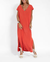Vera | Women's V-Neck Short Sleeve Maxi Dress Side Slit Loose