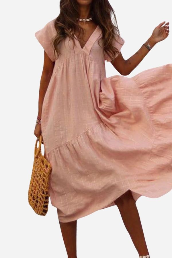 Fern | Women's V-Neck Tiered Maxi Dress Short Sleeve Flowy
