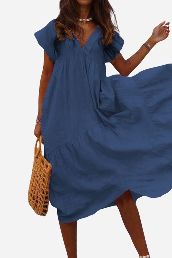 Fern | Women's V-Neck Tiered Maxi Dress Short Sleeve Flowy