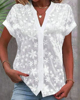 Flora | Women's Floral Lace Short Sleeve Button Up Blouse