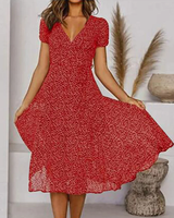 Aurora | Women's V-Neck Puff Sleeve Fit and Flare Midi Dress