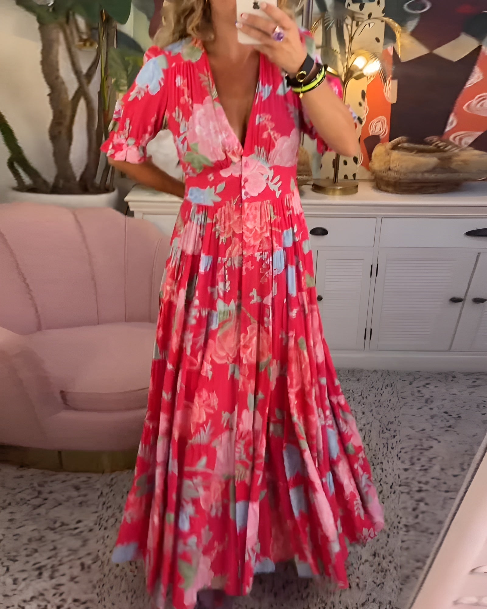 Carine | Floral Print V-Neck Pocket Dress